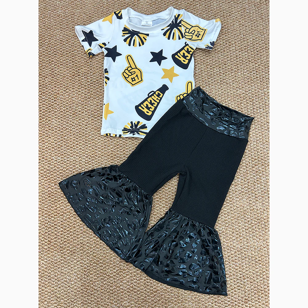 RTS NO MOQ ETA 5/7days Arrived GT0939+P0221 Cheer black and gold fireworks star white short-sleeved top Leopard print flared pants black trousers