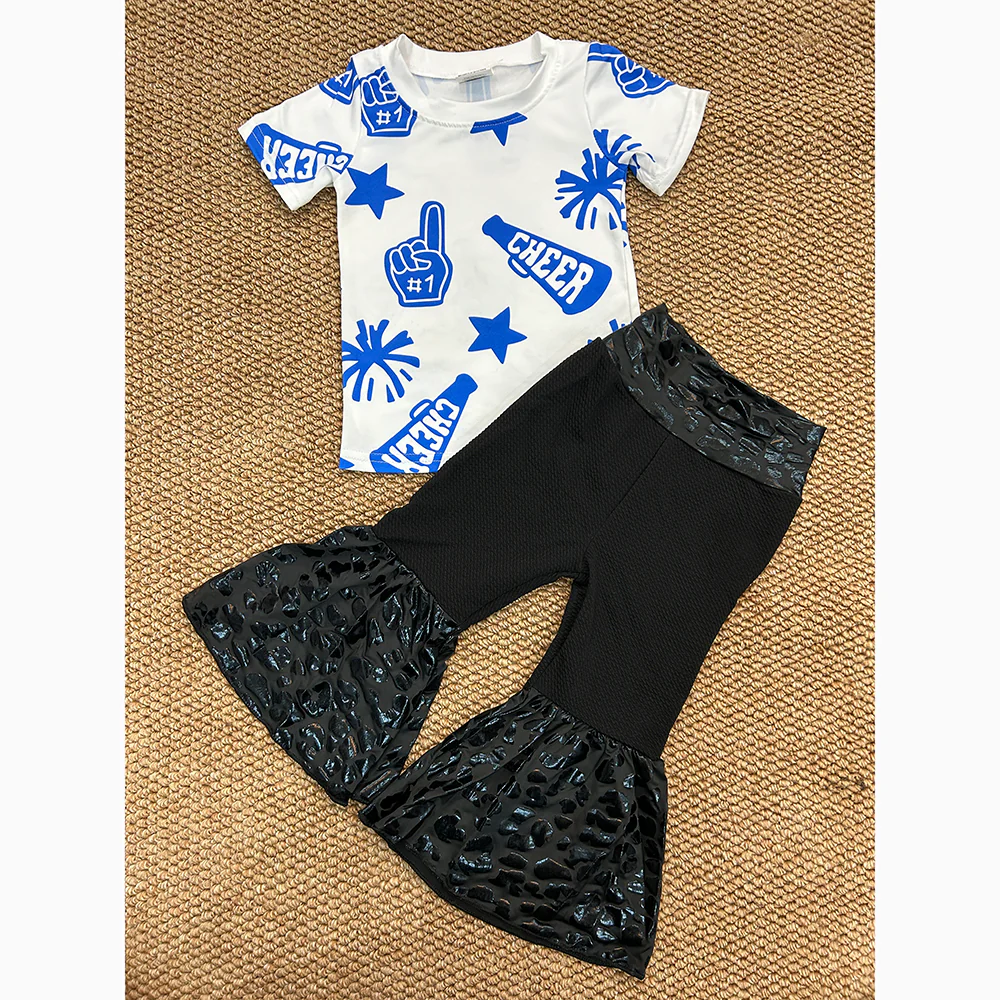 RTS NO MOQ ETA 5/7days Arrived GT0941+P0221 Cheer blue fireworks star white short-sleeved top Leopard print flared pants black trousers