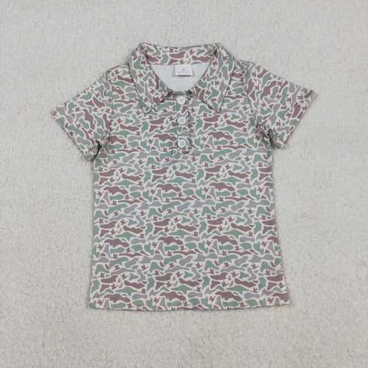 RTS NO MOQ（In Stock) Light Brown-Green Camouflage Duck Button Short-Sleeve Top
