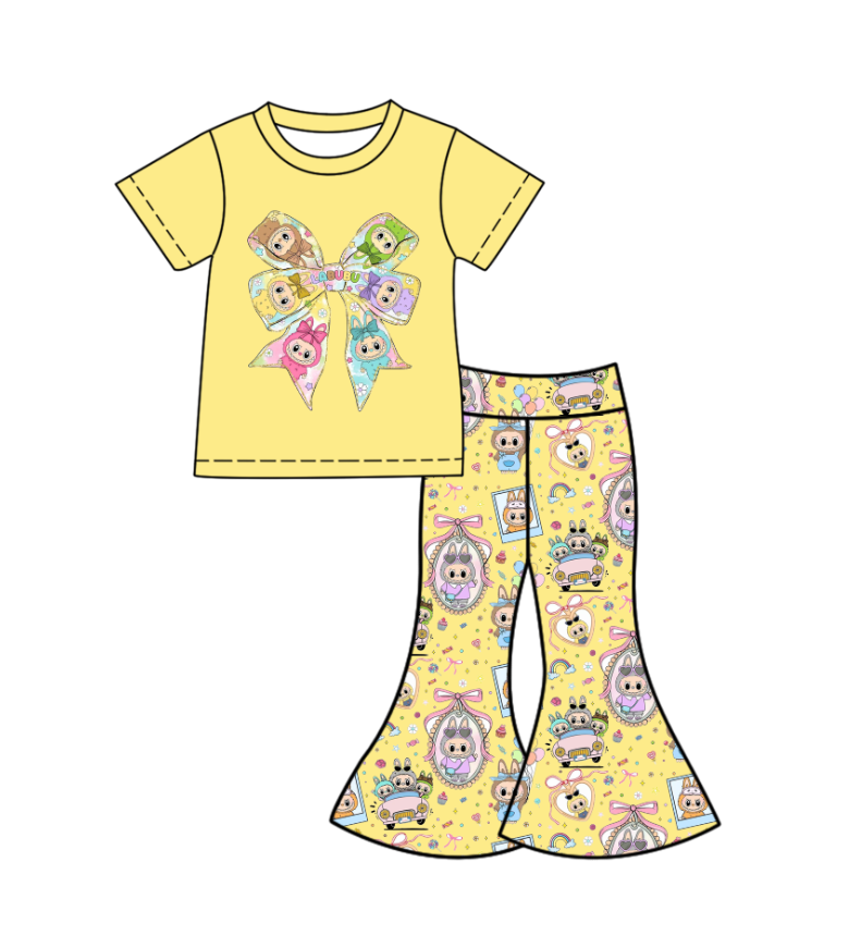 Custom moq 5 mix size milk silk baby girl clothes cartoon bow yellow short sleeve pants sets