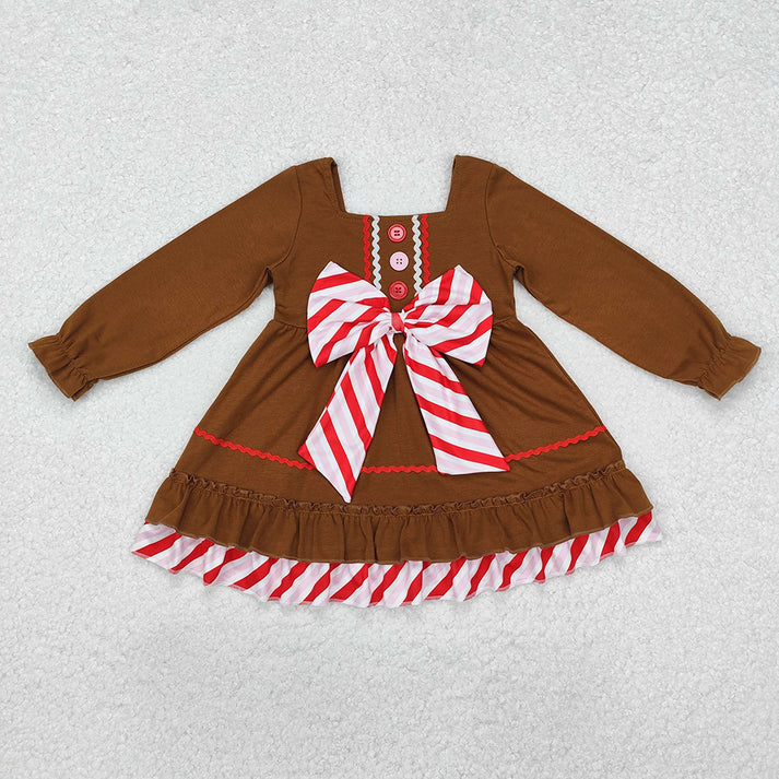 RTS NO MOQ Baby Girls Brown Gingerbread Bow Dresses Clothes Sets