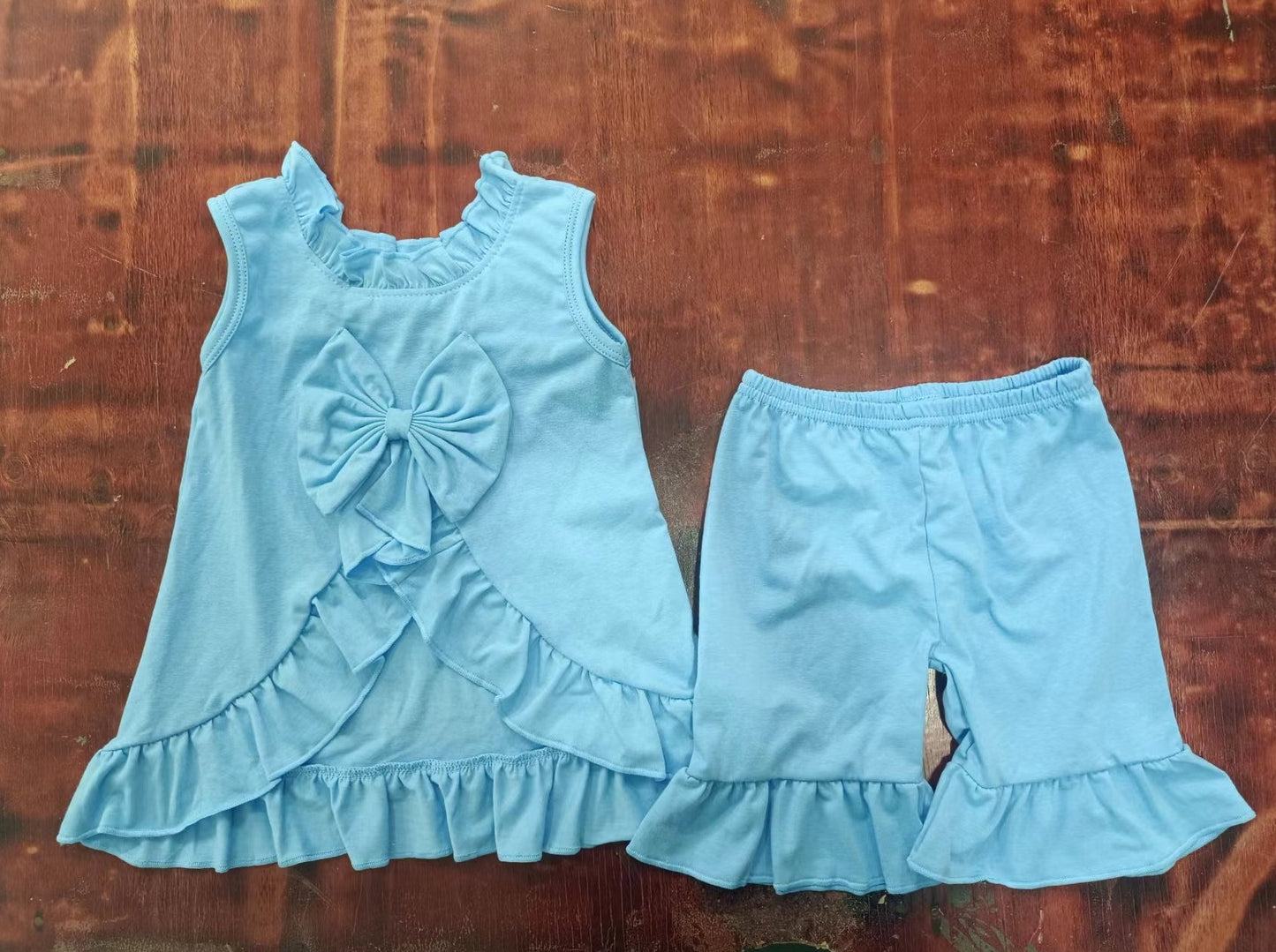 custom moq 5 eta 5weeks mix size Summer girls blue sleeveless shorts suit