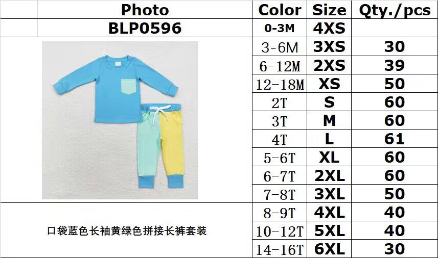 rts no moq BLP0596 Pocket blue long-sleeved yellow-green patchwork trousers set