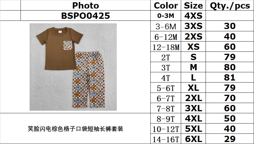 RTS NO MOQ ETA 5/7days Arrived BSPO0425 Smiley face lightning brown plaid pocket short-sleeved trousers set