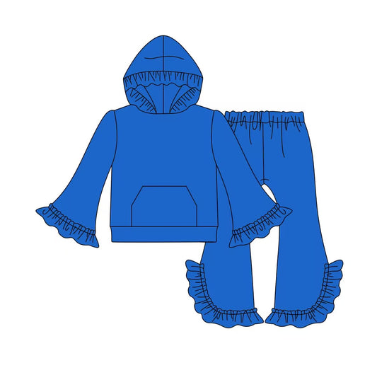 custom moq 3 cotton fabric eta 7-8weeks solid color blue lace hooded long-sleeved trousers suit