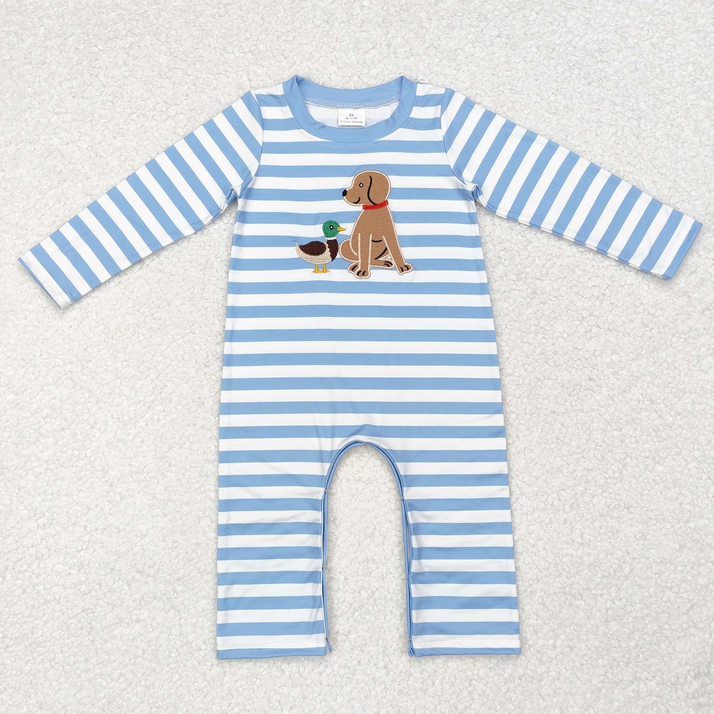 RTS NO MOQ ETA 5/7days arrived LR1644 Embroidered duck puppy blue and white striped long-sleeved jumpsuit