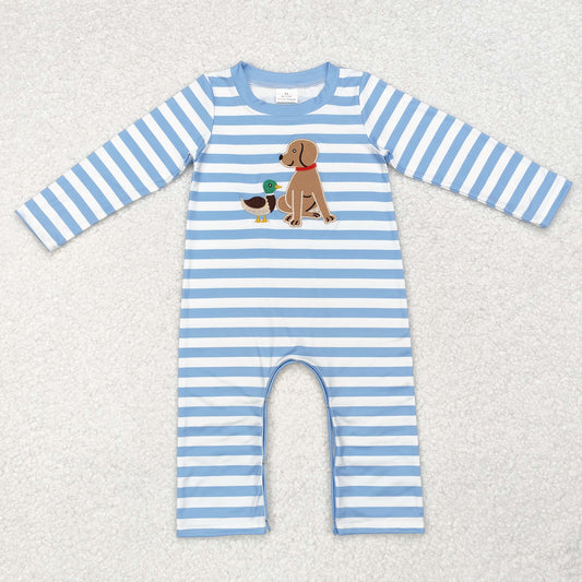 RTS NO MOQ ETA 5/7days arrived LR1644 Embroidered duck puppy blue and white striped long-sleeved jumpsuit