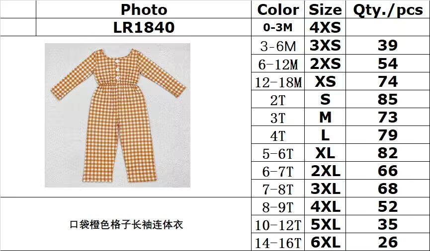 RTS NO MOQ ETA 5/7days Arrived LR1840 Orange plaid long-sleeved jumpsuit with pockets