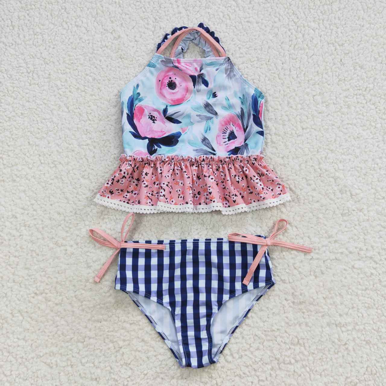 S0158 Floral Lace Blue Plaid Swimsuit Set