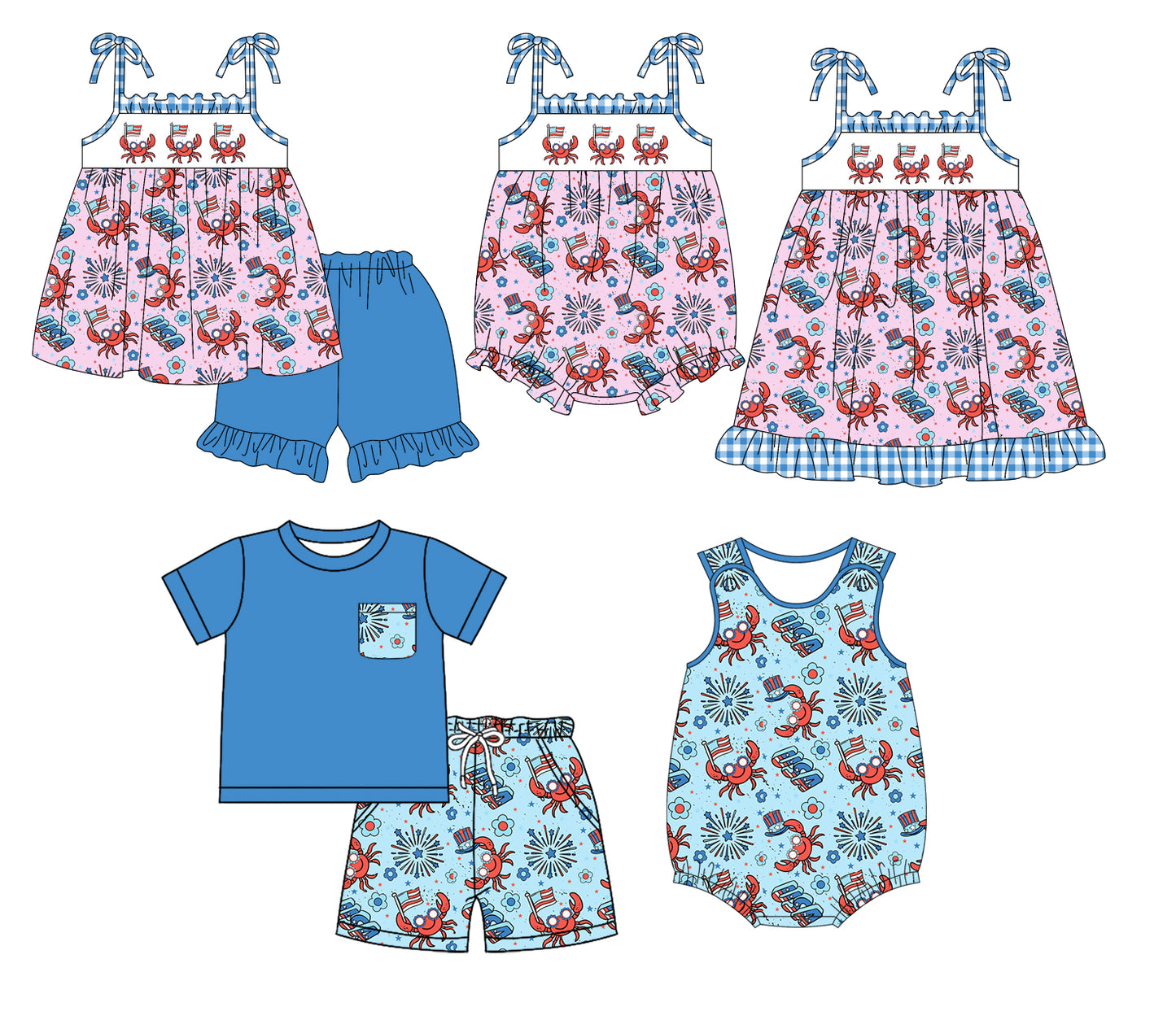 1.14 custom each style moq 5eta 4-6week Sibling Sister crab baby girl short sleeve shorts sets and sets 2 and boy romper and girl romper and dress match design