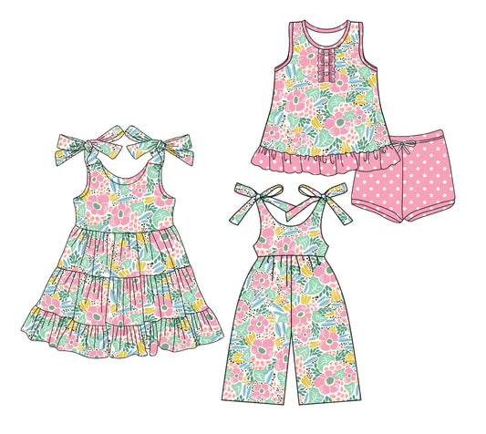 3.15 custom each style moq 5eta 4-6week Sibling Sister floral baby girl short sleeve shorts sets and dresses and jumpsuit match design
