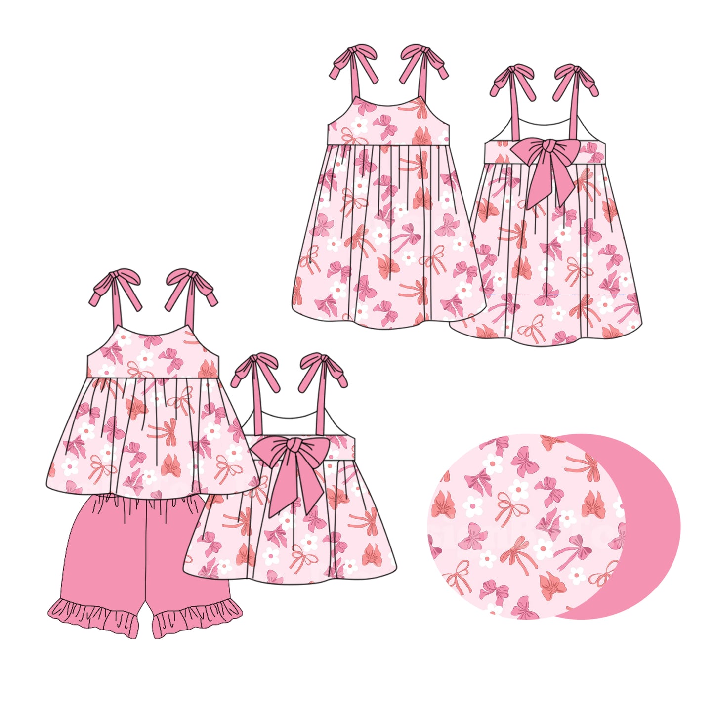 1.20 custom each style moq 5eta 4-6week Sibling Sister bow baby girl short sleeve shorts sets and dresses match design