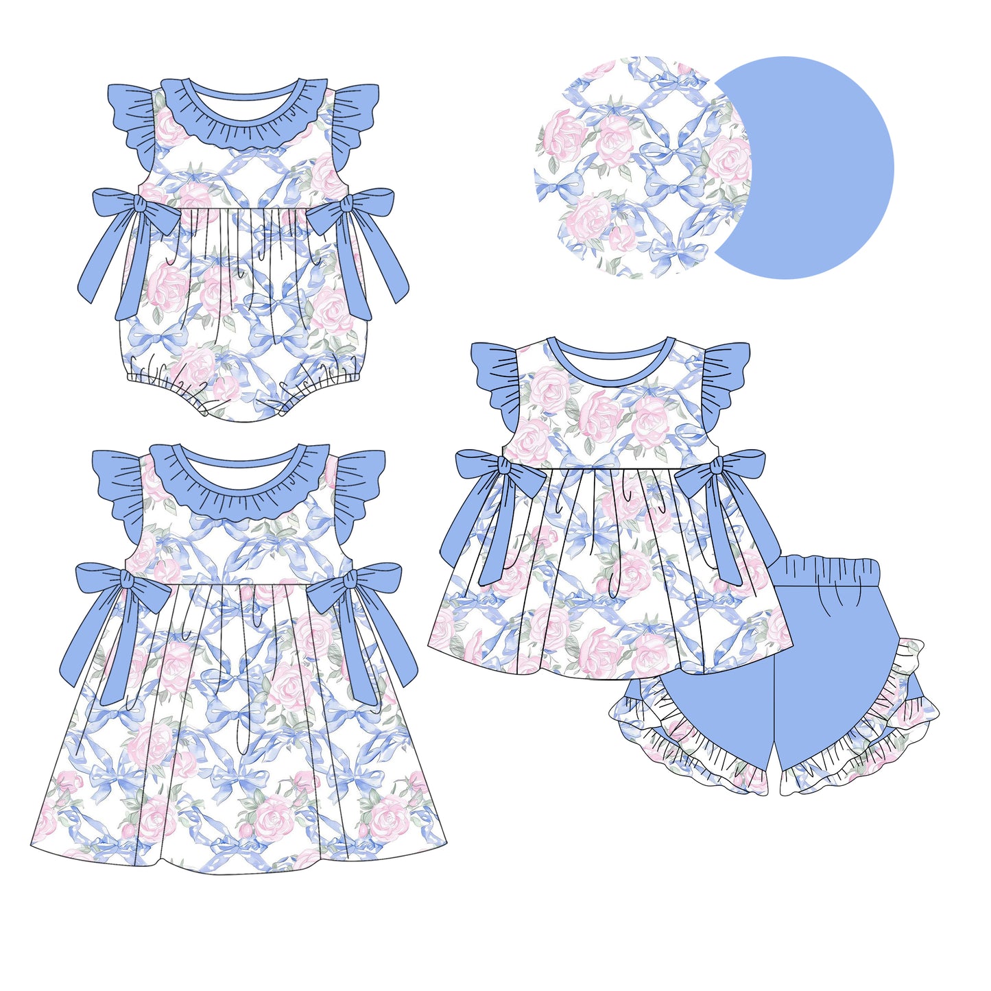 1.13 custom each style moq 5eta 4-6week Sibling Sisters bow baby girl short sleeve shorts sets and dress and rompers match family design