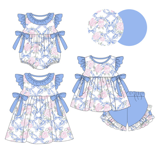 1.13 custom each style moq 5eta 4-6week Sibling Sisters bow baby girl short sleeve shorts sets and dress and rompers match family design