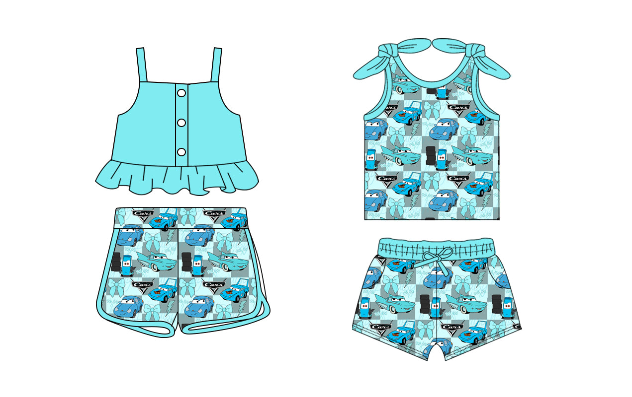 1.23 custom each style moq 5eta 4-6week Sibling Sister cars baby girls short sleeve shorts sets and set 2 match design