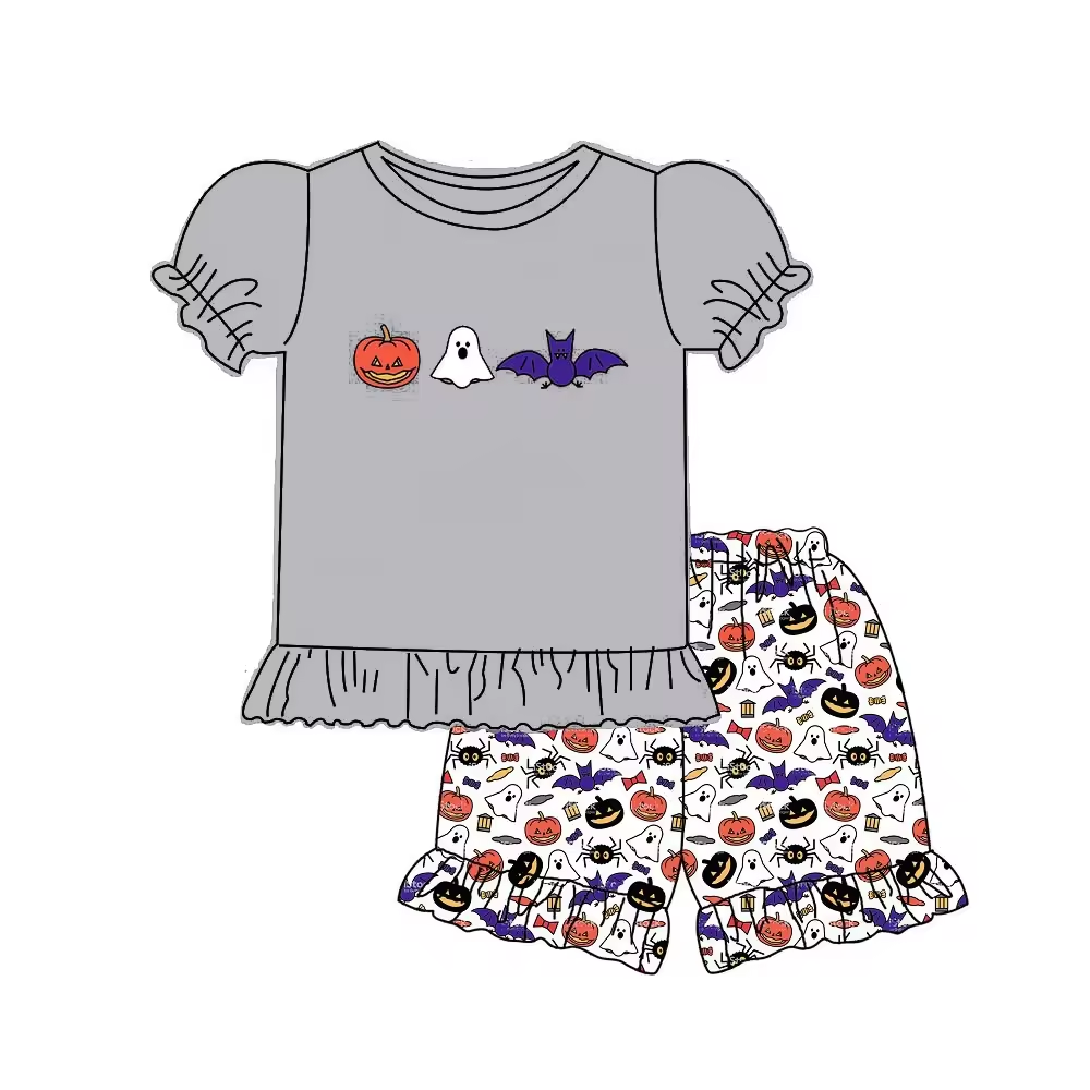 5.14custom each style moq 5eta 4-5week Sibling Sister Halloween style prints gray girls and boys outfits and baby romper match family design