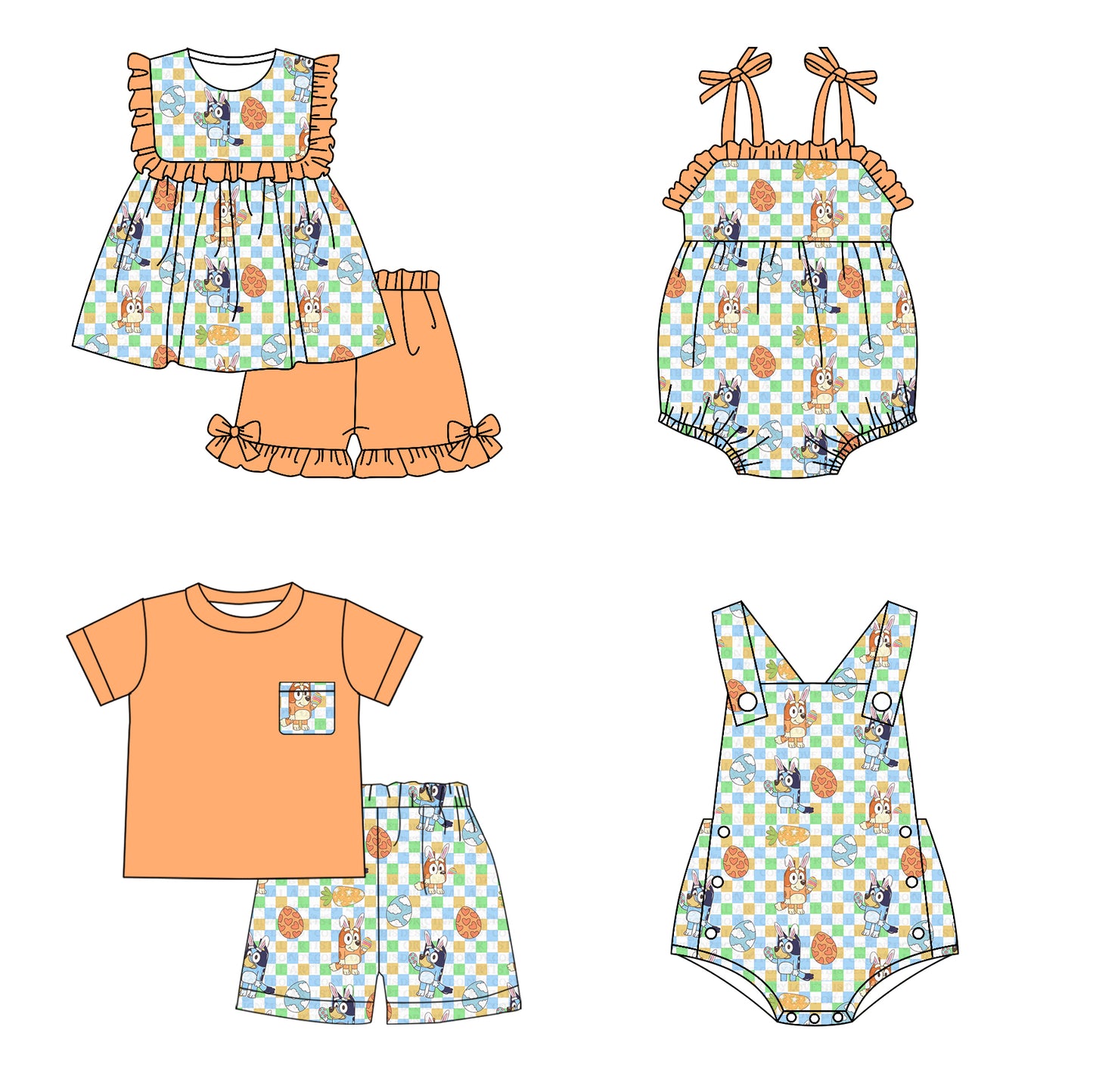 1.11 custom each style moq 5eta 4-6week Sibling Sister easter cartoon dog baby girl short sleeve shorts sets and sets 2 and boy romper and girl romper match design