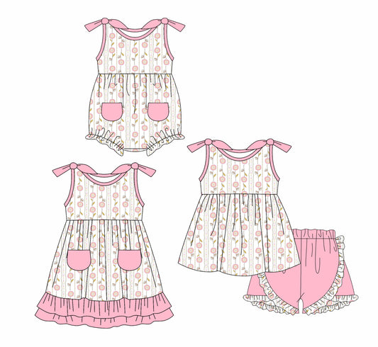 1.15 custom each style moq 5eta 4-6week Sibling Sisters baby girl short sleeve shorts sets and dress and rompers match family design