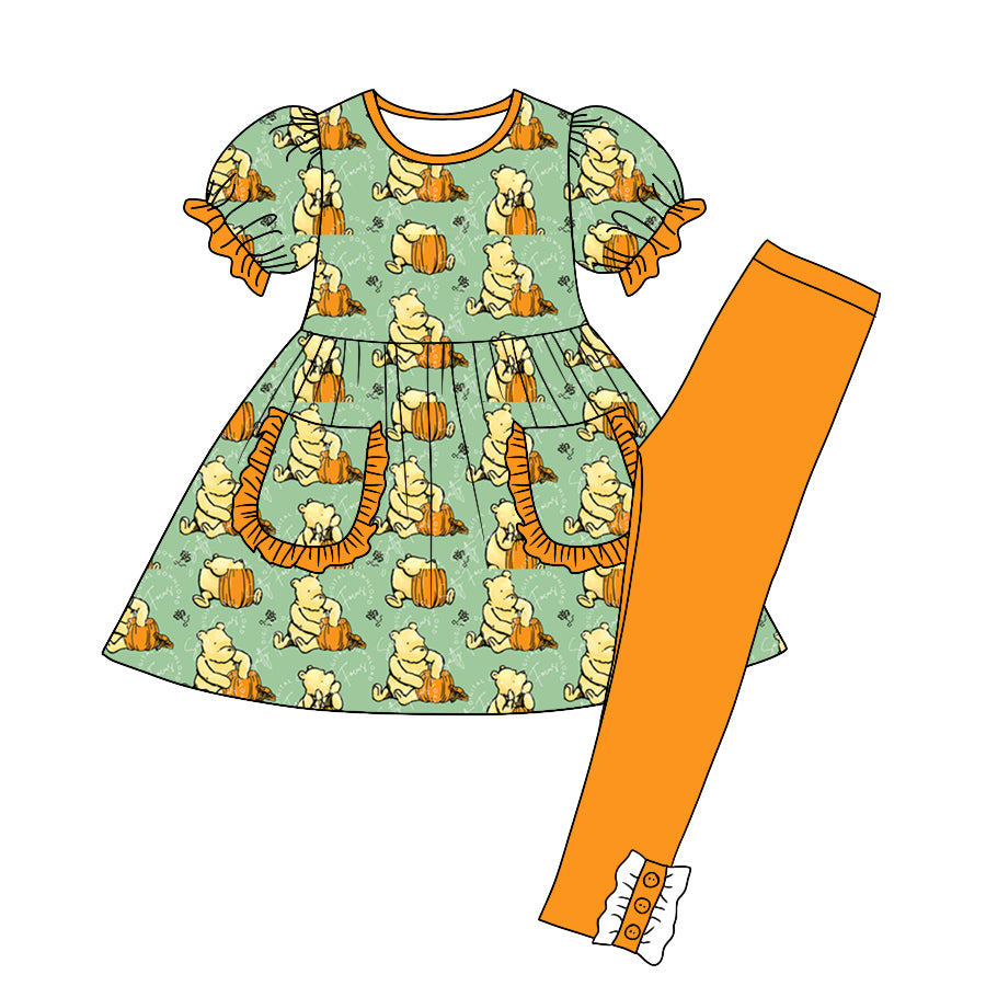 4.27custom moq 5 eta 4-5weeks Halloween Bear eats pumpkin prints green color princess dress with orange color long pants set