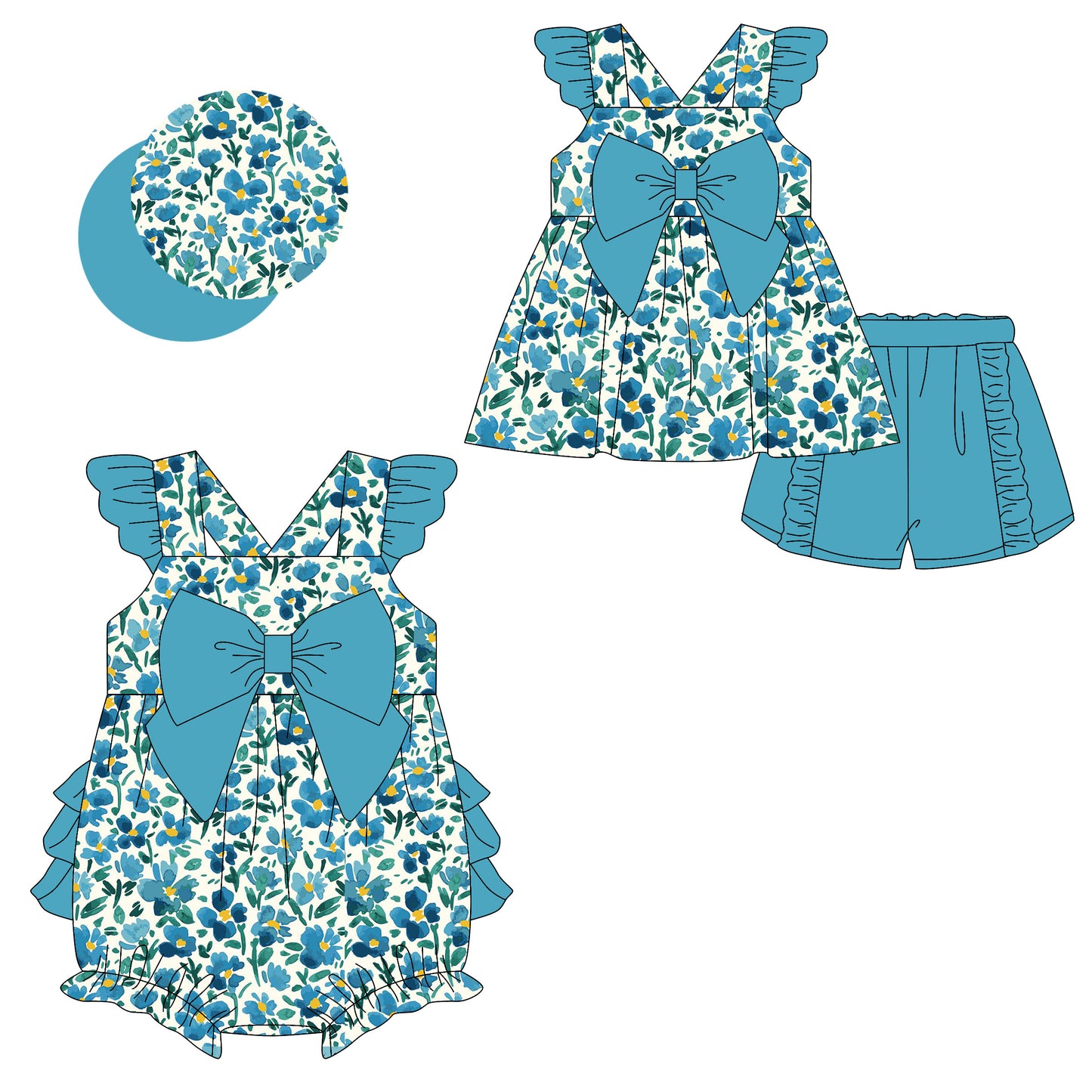 2.8 custom each style moq 5eta 4-6week Sibling Sister floral baby girls short sleeve shorts sets and romper match design