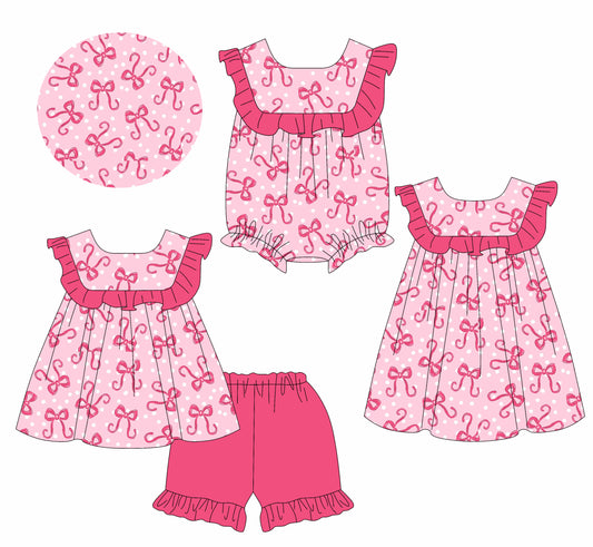 1.21 custom each style moq 5eta 4-6week Sibling Sisters bow baby girl short sleeve shorts sets and dress and rompers match family design