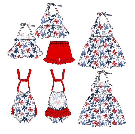 1.2 custom each style moq 5eta 4-6week Sibling Sistes bow baby girl short sleeve shorts sets and dress and rompers match family design