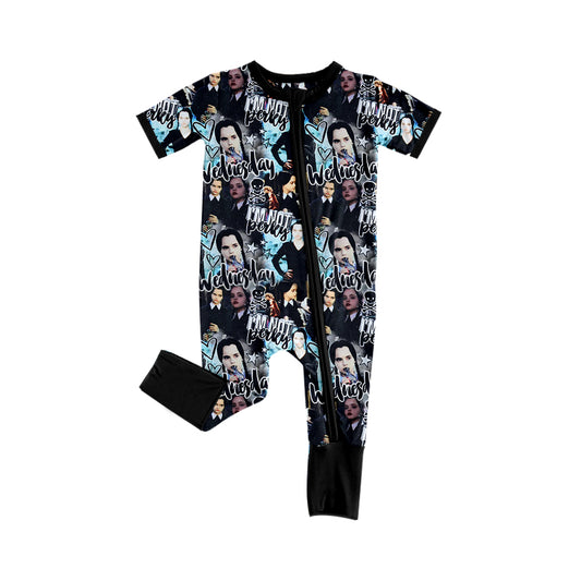 5.2custom each style moq 5eta 4-5week Sibling Sister Halloween scary cartoon character prints black girls jumpsuits and dress and baby romper match family design