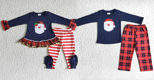 Baby Girls boys Christmas style Santa print dark blue Family siblings set