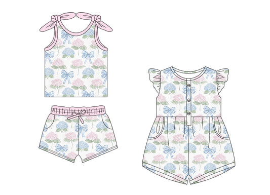 1.18 custom each style moq 5eta 4-6week Sibling Sister floral bow baby girls short sleeve shorts sets and jumpsuit match design