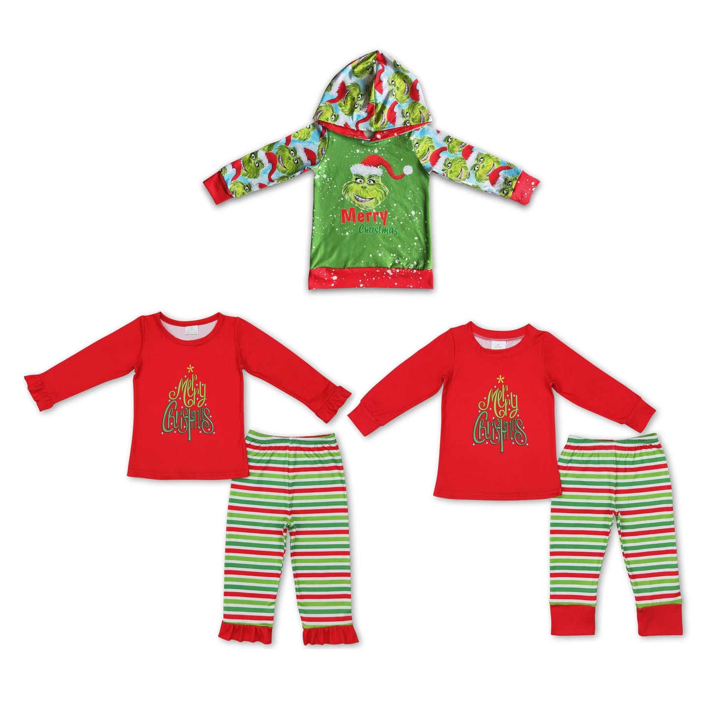 RTS NO MOQ GLP1282 BLP0528 6 A19-19 Cartoon Christmas Green Monster Pattern Long Sleeve Suit & Hoodie