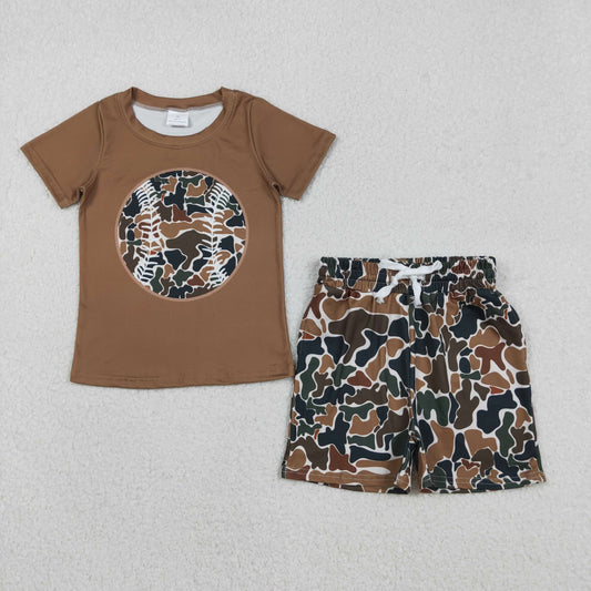 RTS NO MOQ（In Stock) Brown-green camouflage beige baseball short-sleeved shirt shorts set-BSSO1597