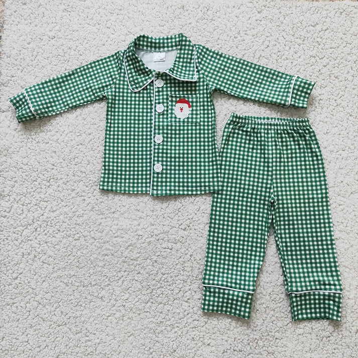 RTS NO MOQ Baby Girls Embroidered Santa Claus Green Plaid Pajama Dress Set