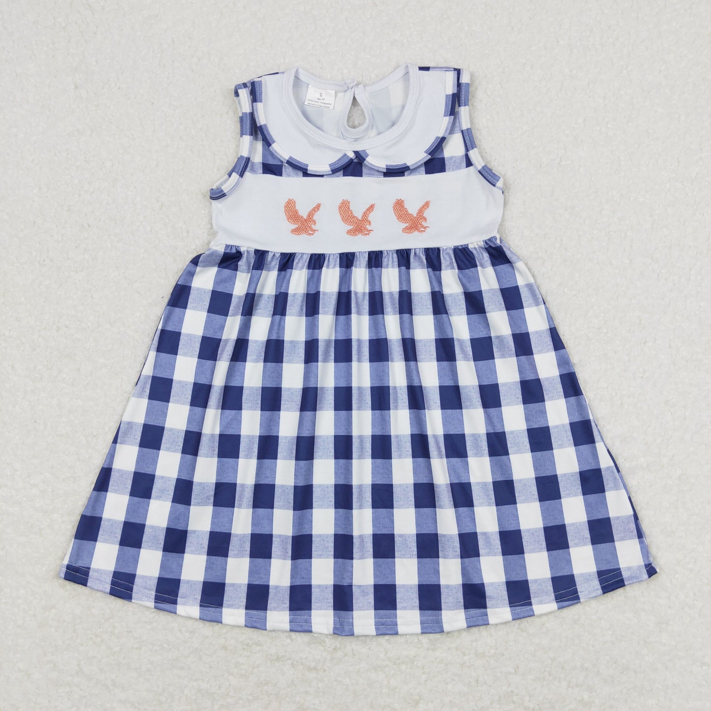 GSD0802 Embroidered eagle plaid baby collar navy blue sleeveless dress