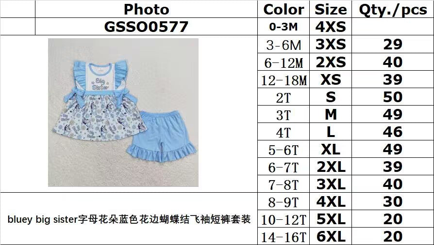 GSSO0577 bluey big sister letter flower blue lace bow flying sleeve shorts suit