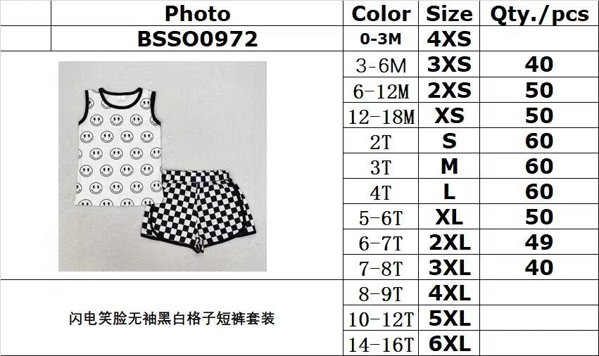 rts no moq BSSO0972 Lightning smiley face sleeveless black and white plaid shorts set