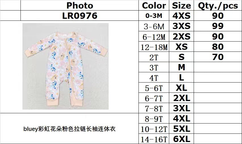 rts no moq LR0976 Bluey rainbow flower pink zipper long-sleeved jumpsuit