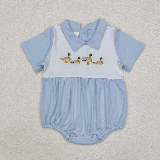 RTS NO MOQ ETA 5/7days arrived SR2071 Embroidered Duck Blue and White Baby Collar Short Sleeve Bodysuit