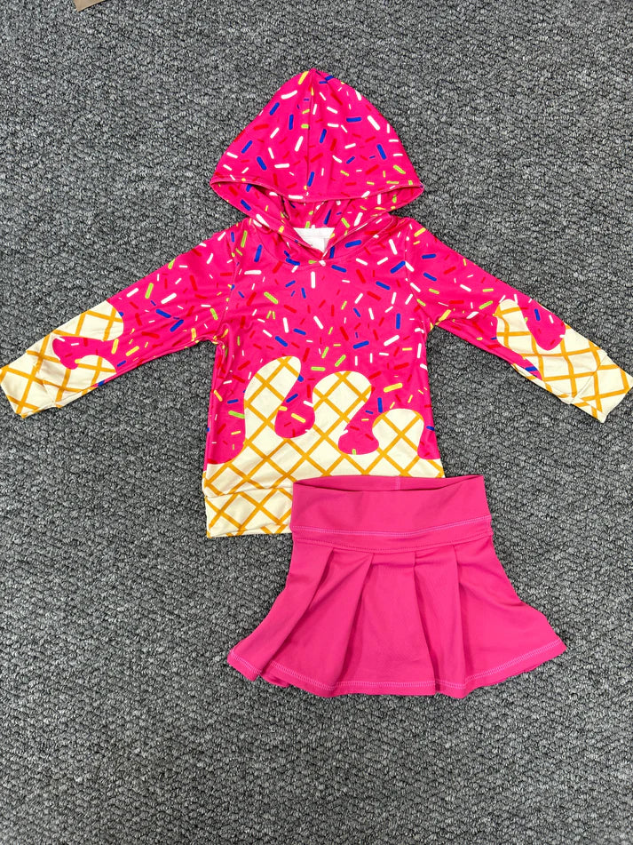 RTS NO MOQ Baby Girls Hot Pink Hoodie Top with Yoga Skort Team Sets Comfortable Breathable Cotton Outfit for Toddlers And Kids