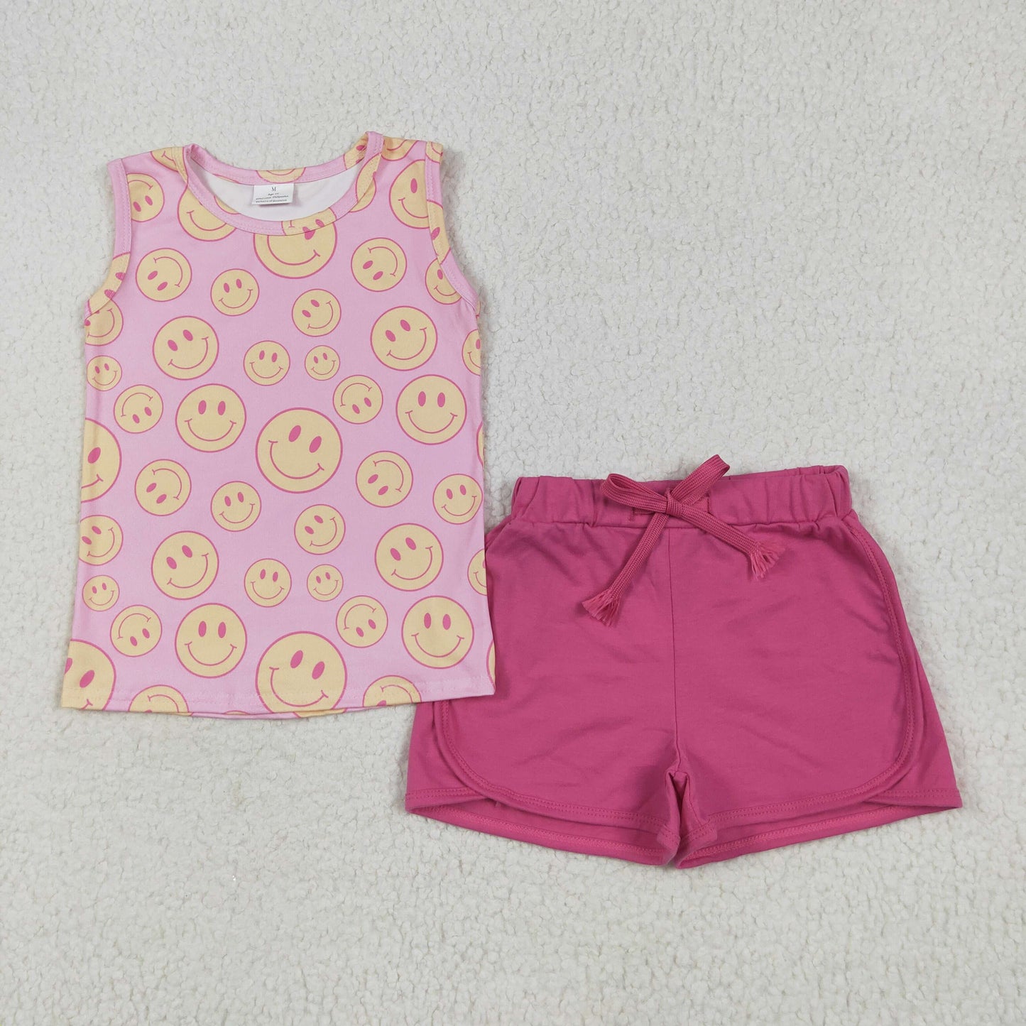 RTS NO MOQ GSSO2605 Smiley pink sleeveless rose red shorts set