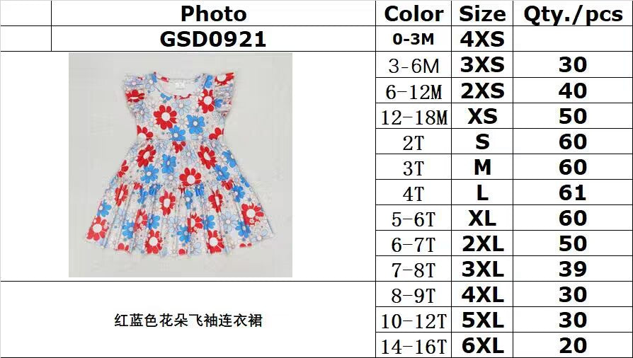 RTS no moq GSD0921 Red and blue floral flying sleeve dress