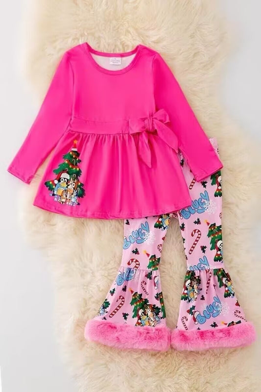 Deadline September 18 custom no moq eta 6-8weeks Christmas Tree Puppy Rose Red Bow Long Sleeve Top-Flare Pants Set