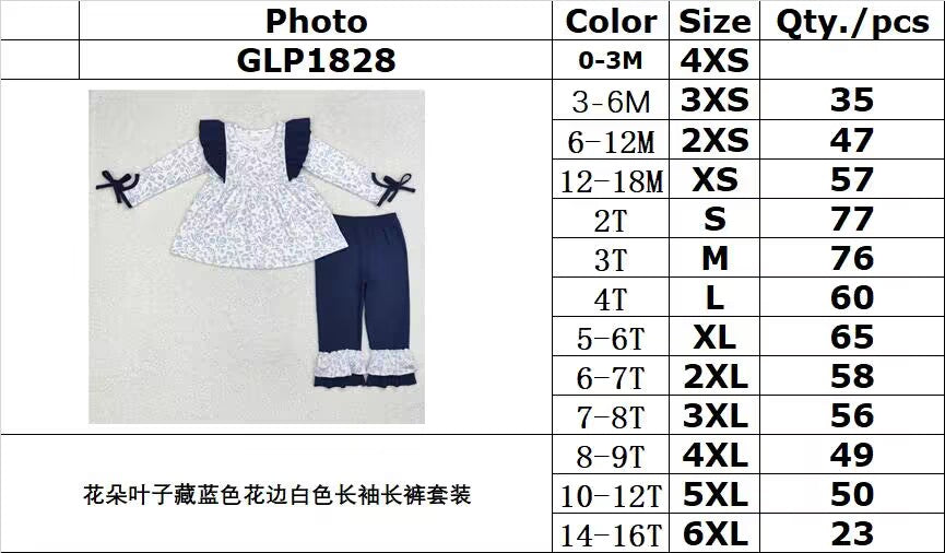 RTS NO MOQ ETA 5/7days Arrived GLP1828 Flower leaves navy blue lace white long sleeve trousers set