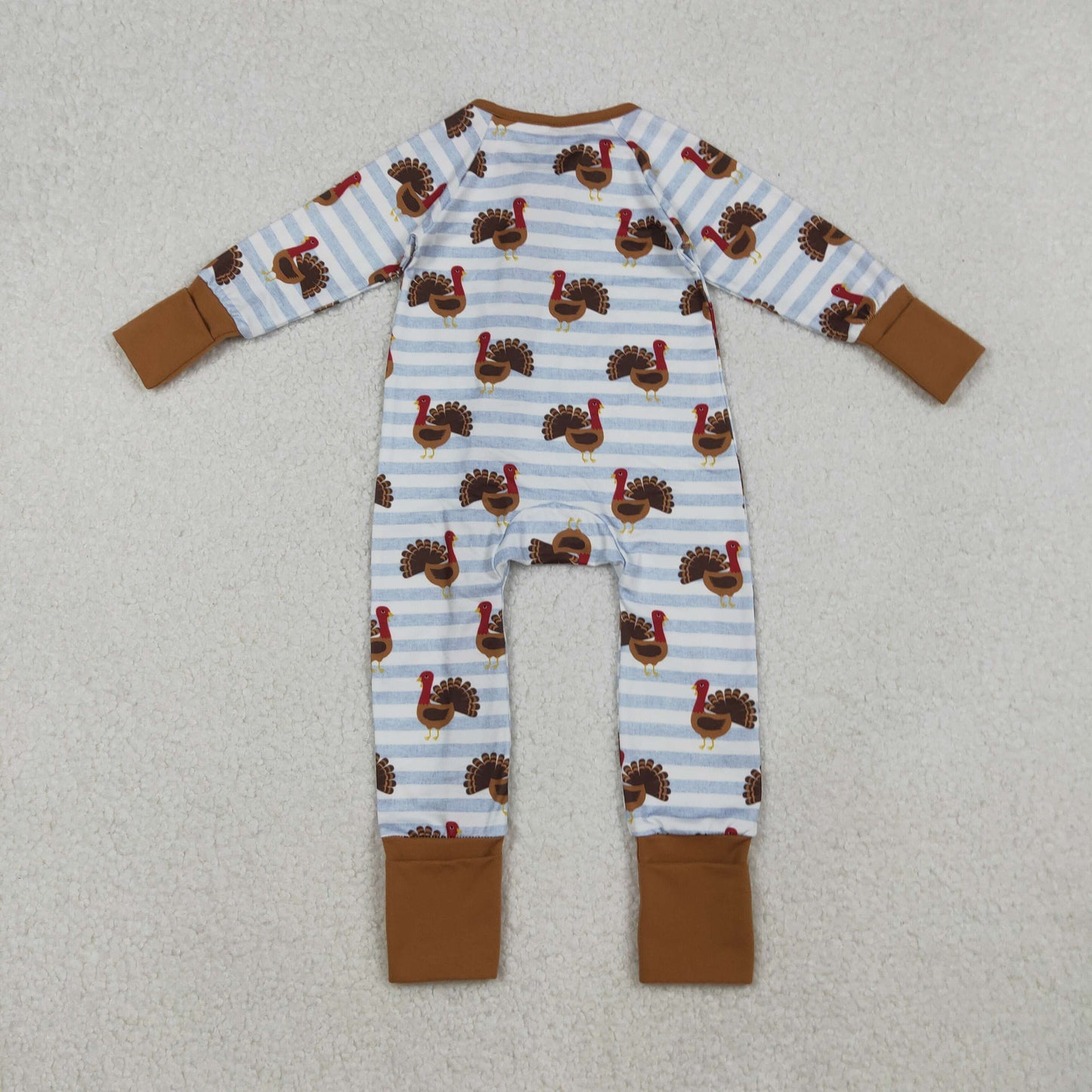 RTS NO MOQ（In Stock) LR1191 Turkey Striped Brown Trim Zippered Long Sleeve Bodysuit