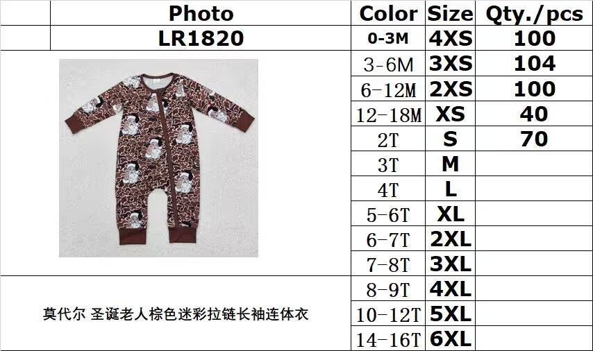 BAMBOO RTS NO MOQ ETA 5/7days LR1820 Modal Santa Claus Brown Camouflage Zipper Long Sleeve Bodysuit