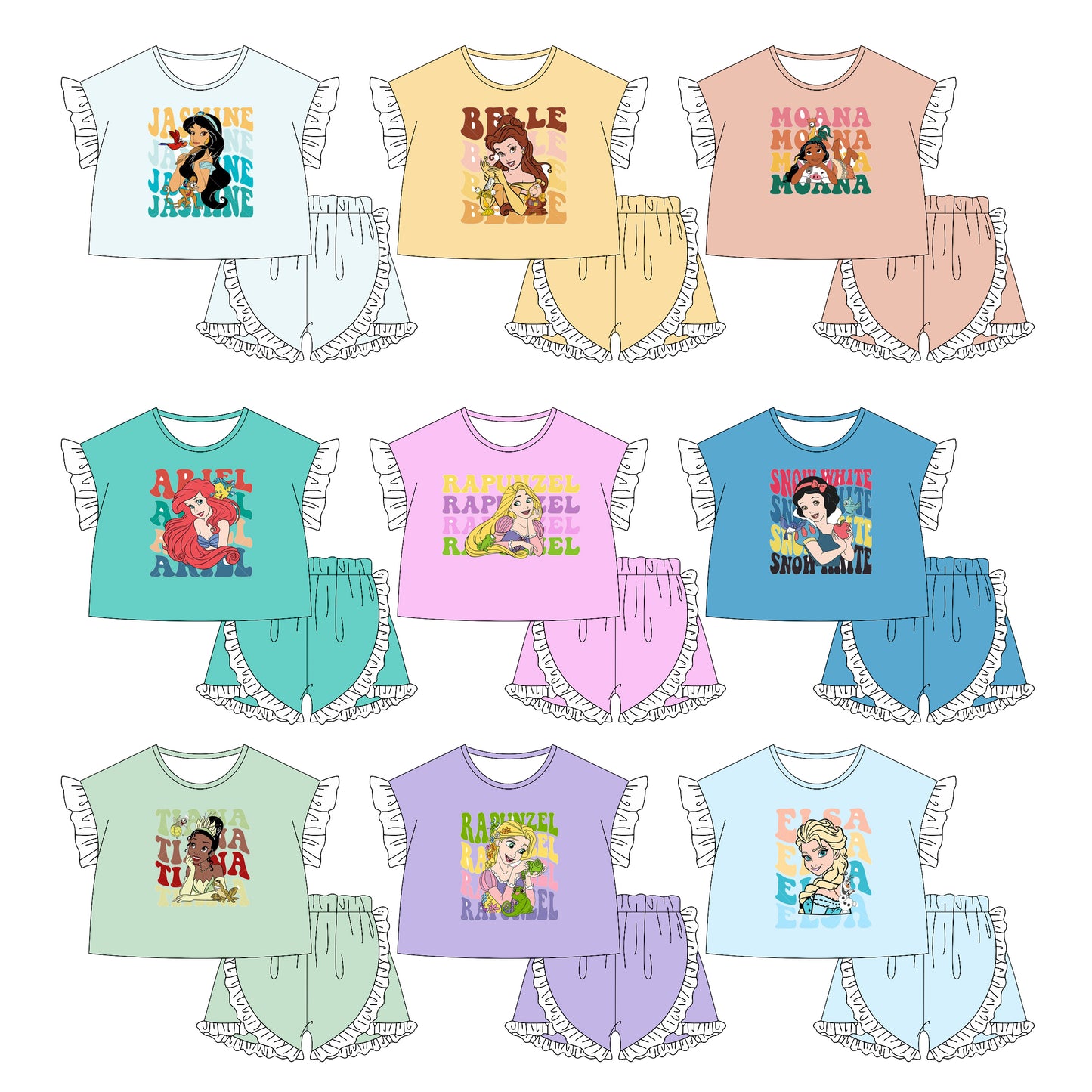 1.21 custom each style moq 5eta 4-6week Sibling Sister disney princess baby girls short sleeve shorts sets 1 and sets 8 match design