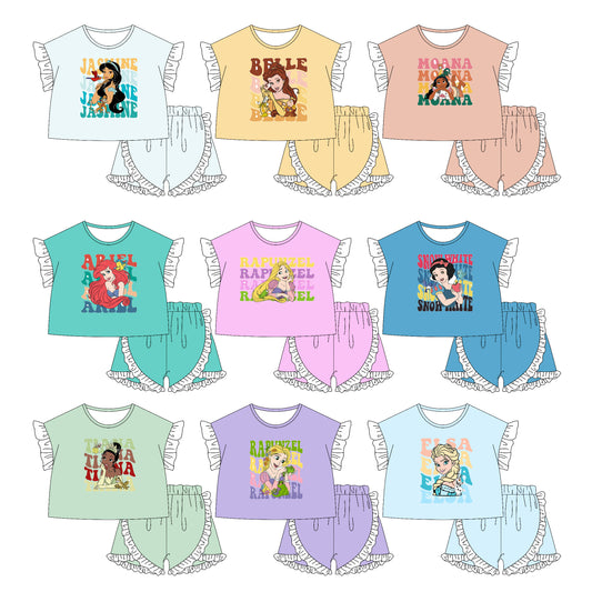 1.21 custom each style moq 5eta 4-6week Sibling Sister disney princess baby girls short sleeve shorts sets 1 and sets 8 match design