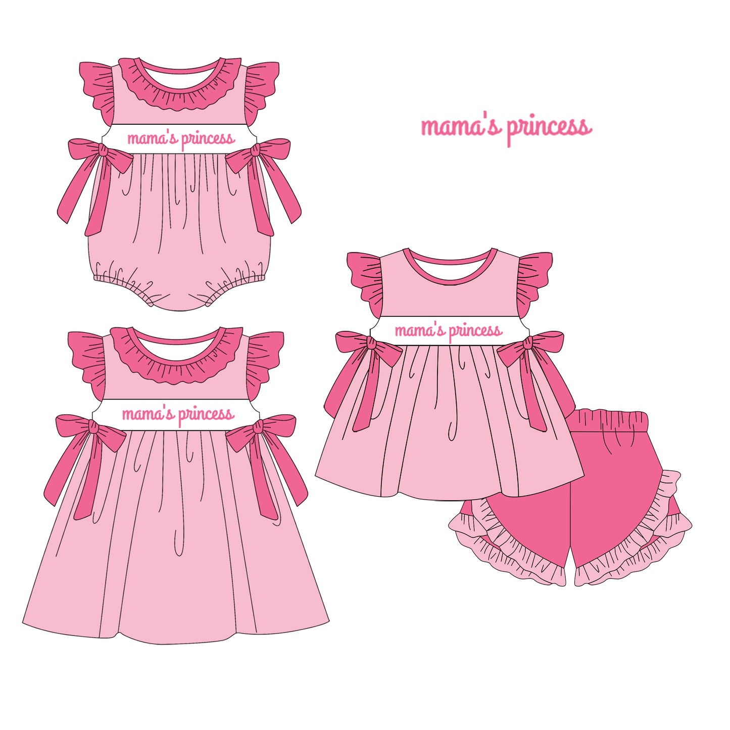 1.14 custom each style moq 5eta 4-6week Sibling Sisters mama princess baby girl short sleeve shorts sets and dress and rompers match family design