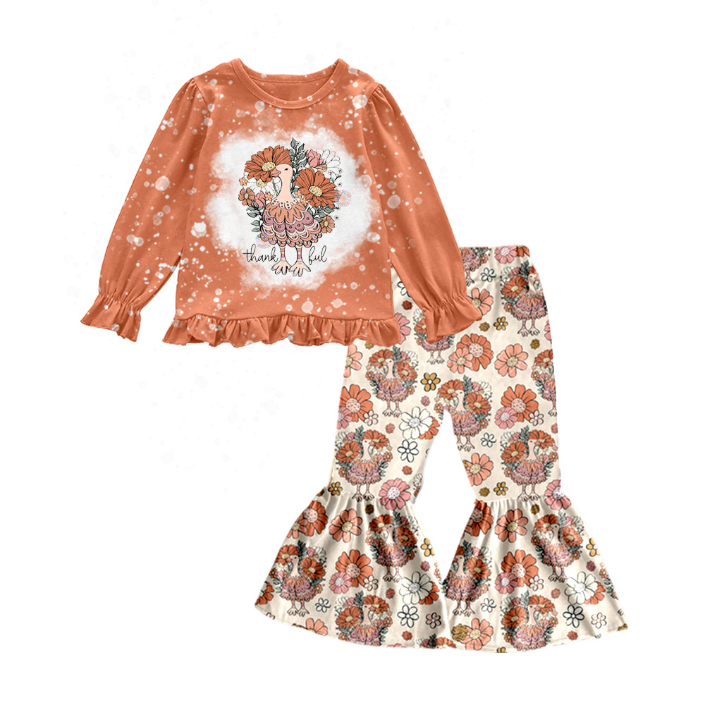 5.3custom each style moq 5eta 4-5week Sibling Sister turkey flowers prints orange girls outfits set and baby romper match family design