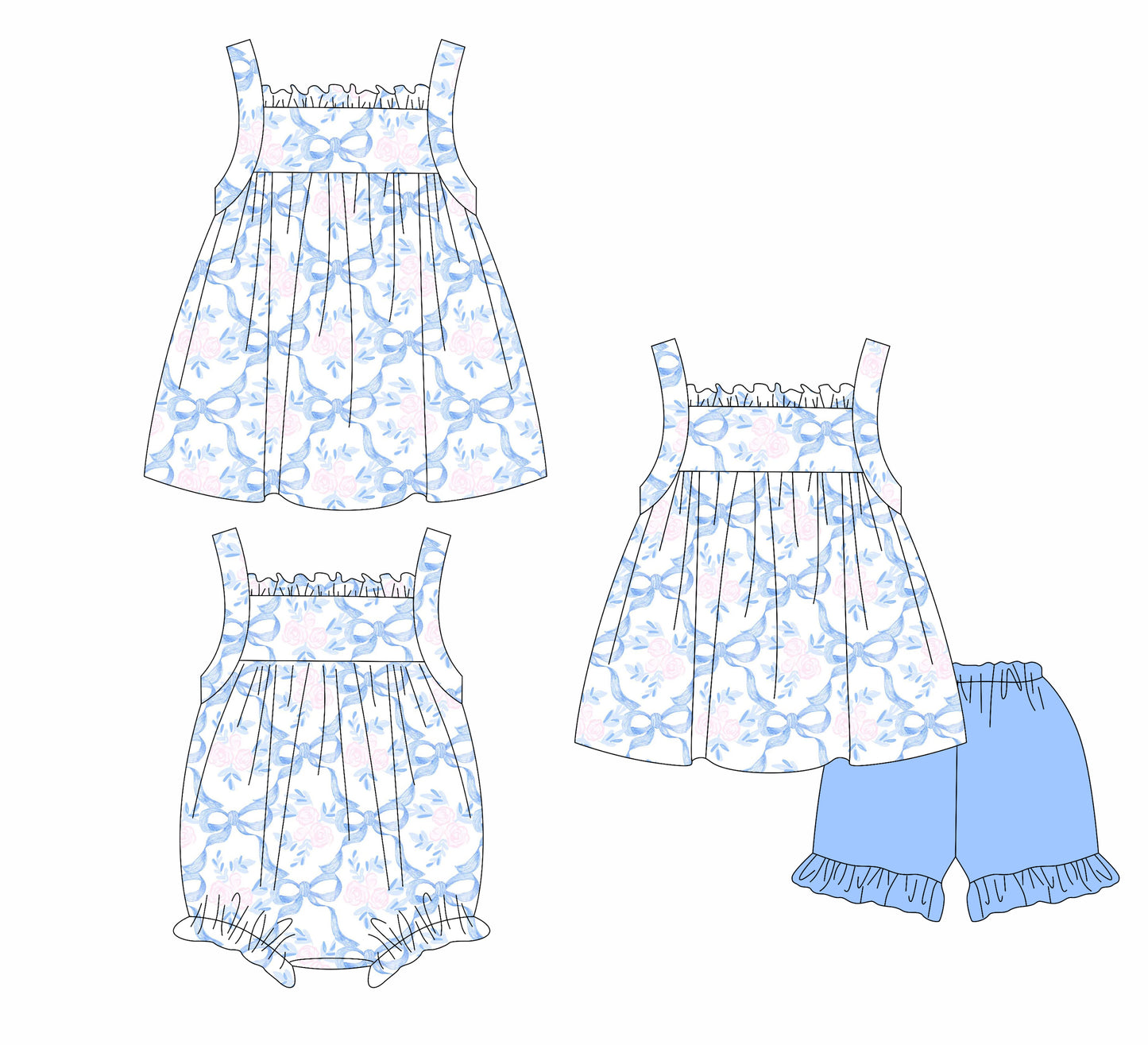 1.18 custom each style moq 5eta 4-6week Sibling Sisters bow floral baby girl short sleeve shorts sets and dress and rompers match family design