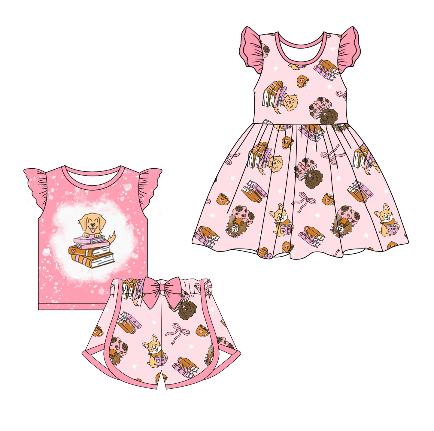 1.7 custom each style moq 5eta 4-6week Sibling Sister books baby girl short sleeve shorts sets and dresses match design